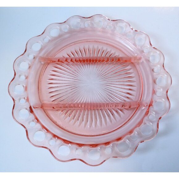 2 Pink Depression Glass Open Lace Old Colony Divided Plate & Cereal Bowl Anchor - Picture 4 of 5